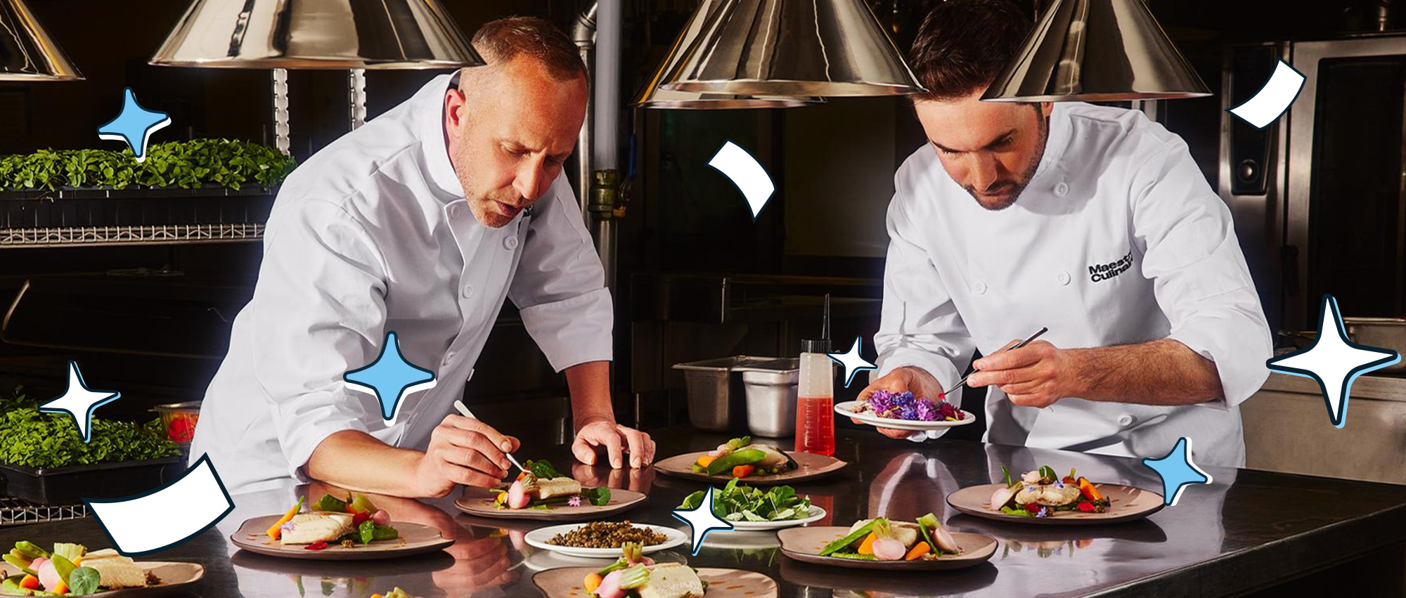 Deux chefs au Centre des congrès de Québec dressant soigneusement des plats gastronomiques en cuisine, avec des étoiles ludiques.